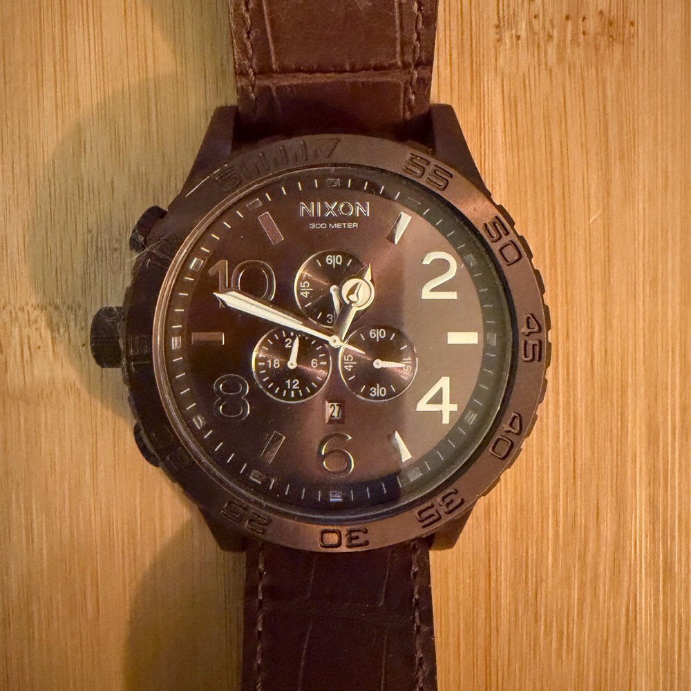 Nixon Brown Leather Chronograph Watch with Dark Bronze Case